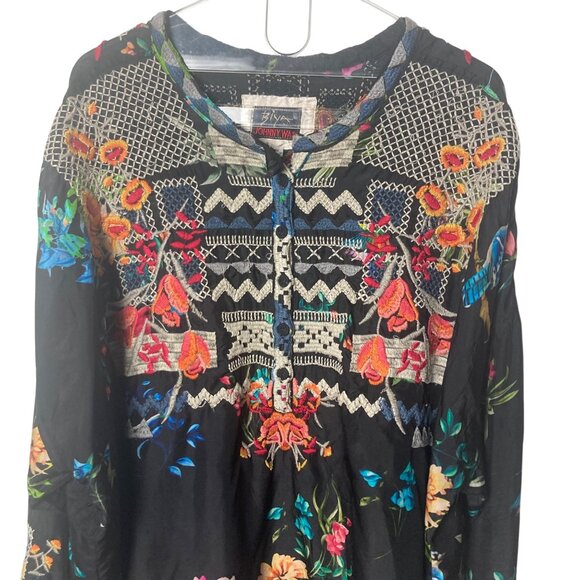 Johnny Was Biya Veda Bird Botanical Silk Blouse 3X Black Embroidered Repaired - Picture 8 of 11